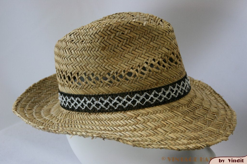 Vintage Gleufhoed stro met witte kruisjes band 55 = S tot XS, Ophalen of Verzenden, Gedragen, 55 cm (S, 6⅞ inch) of minder, Hoed