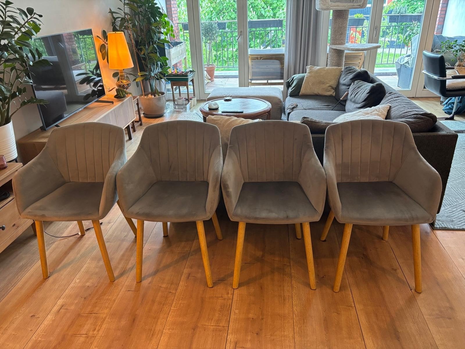 4x ADSLEV eetkamerstoel JYSK - Grijs fluweel stoelen set, Ophalen, Hout, Zo goed als nieuw, Vier