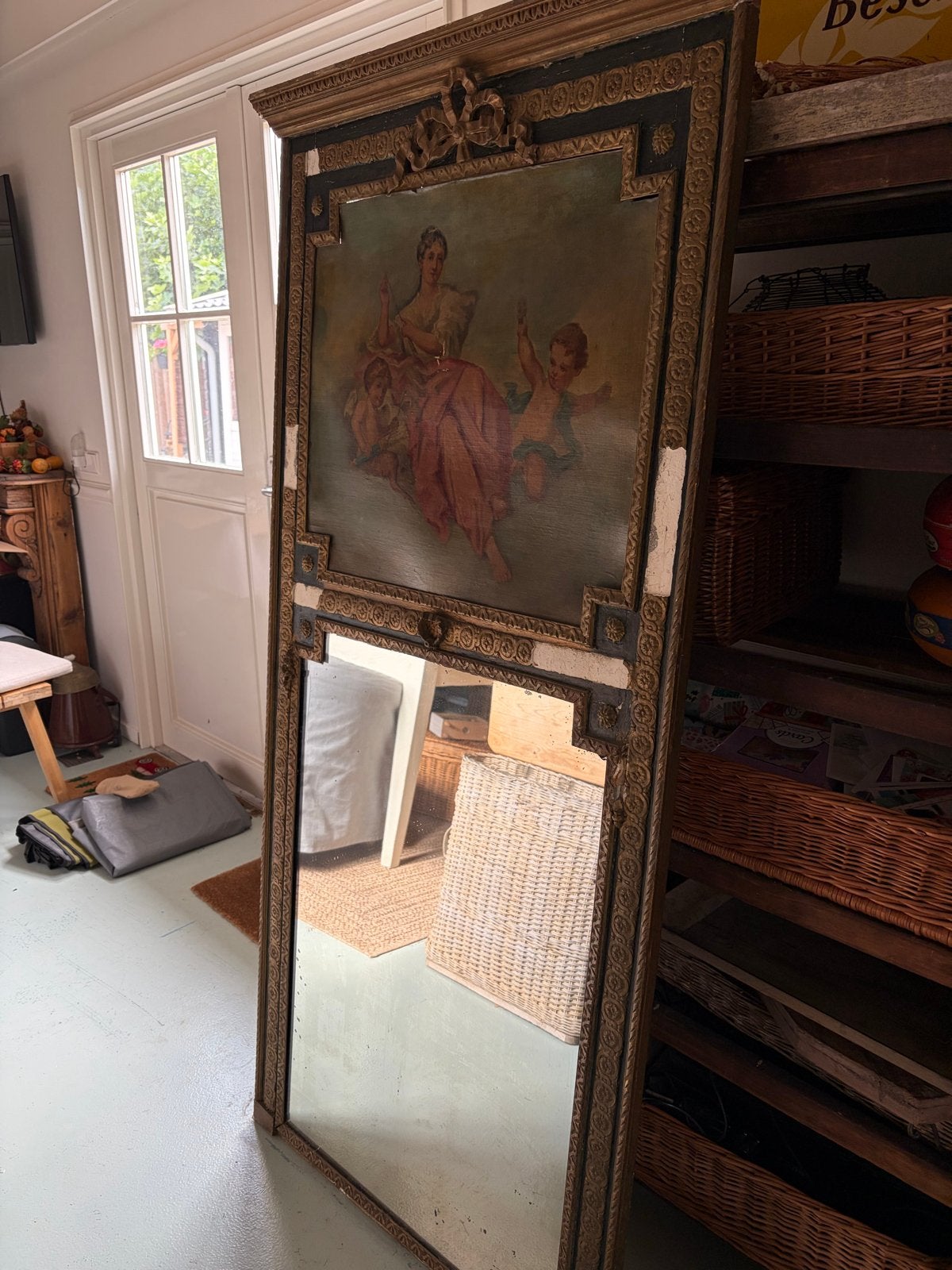 Antieke trumeau, spiegel met olieverfschilderij en lijst, Ophalen, Rechthoekig, 50 tot 100 cm, 200 cm of meer