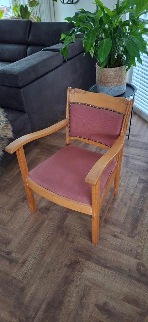 Vintage houten fauteuil met oud rose bekleding, Ophalen of Verzenden