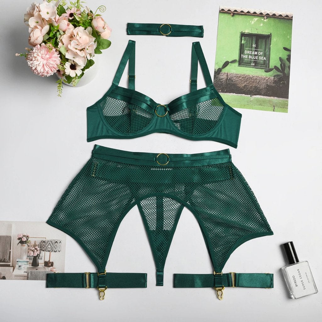 Groen doorzichtig mesh lingerie setje string bh jarretels, Verzenden, Groen, Setje