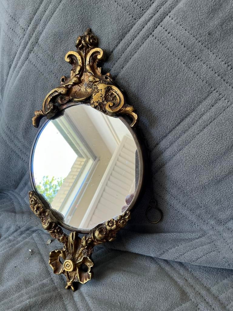 Brocant ovaal messing spiegeltje,jugendstil spiegel, Antiek en Kunst, Ophalen, Ovaal, Minder dan 50 cm