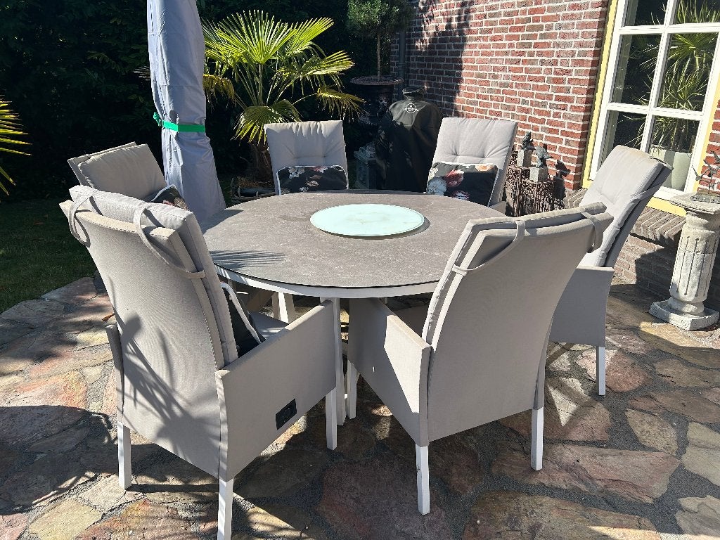 Caribbean Dinerset met ronde tafel en 6 stoelen, Tuin en Terras, Ophalen, Gebruikt, Tuinset, Eettafel