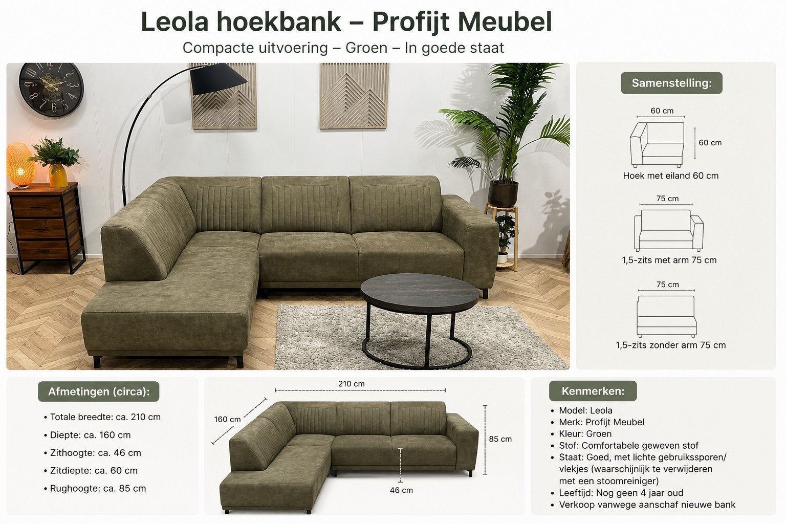 Leola hoekbank - Profijt meubel - compacte uitvoering, Ophalen, Gebruikt, Hoekbank, Driepersoons