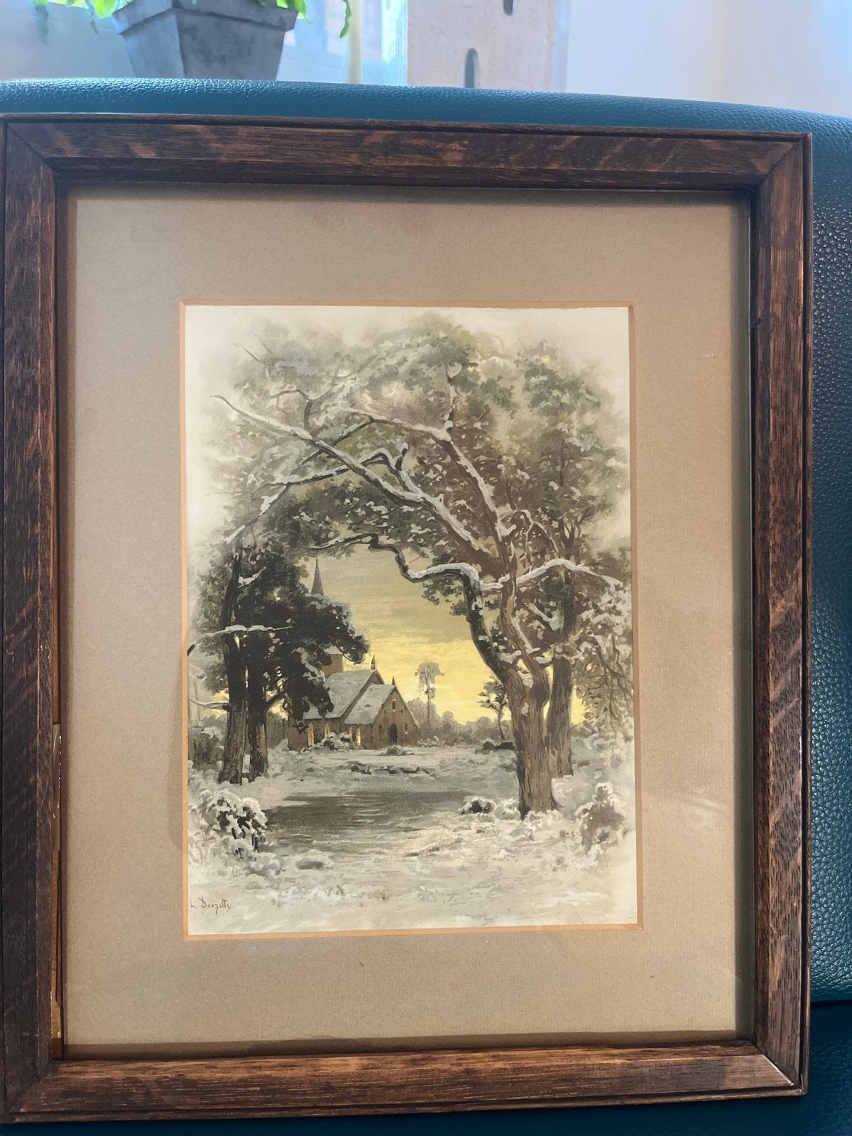 Oud schilderij: Kerkje in winterlandschap met eiken lijst, Ophalen, Landschap, Klassiek, Ingelijst