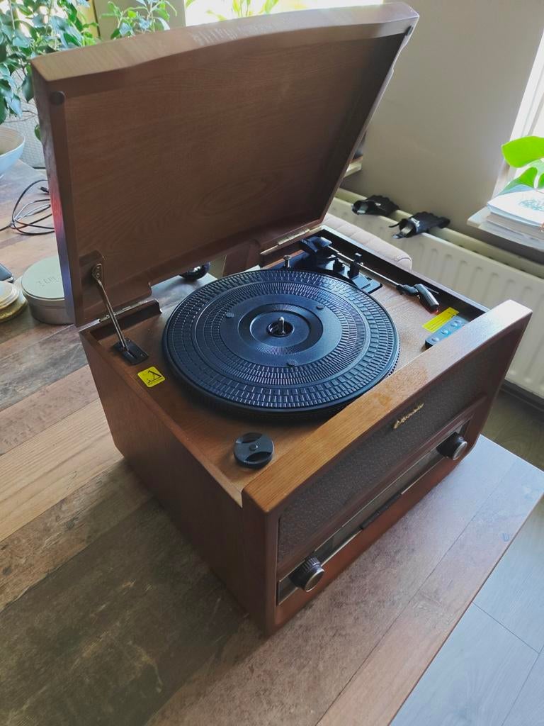 Vintage Platenspeler met Radio - Houten Design, Ophalen, Gebruikt, Platenspeler, Overige merken