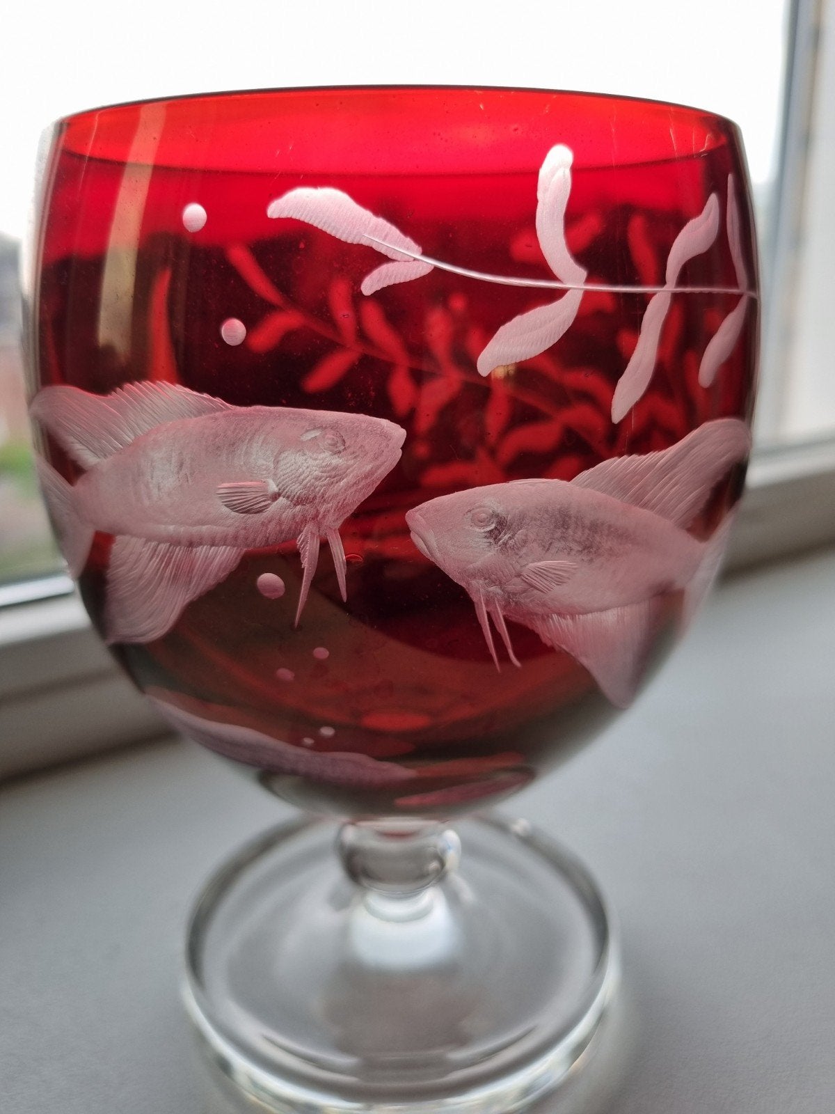Hand gegraveerd engraved christal rood glas met vissen & pla, Ophalen of Verzenden