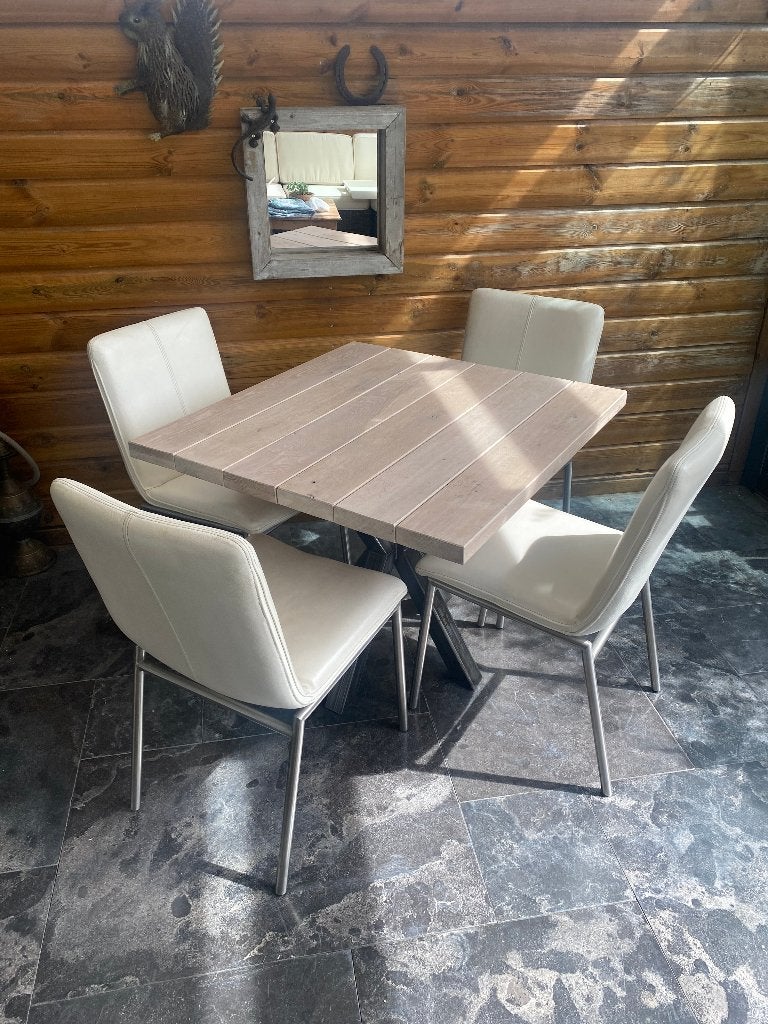 Tuintafel Eiken Wit metaal kruispoot, 4 leren design stoelen, Ophalen, Gebruikt, Rechthoekig, Metaal