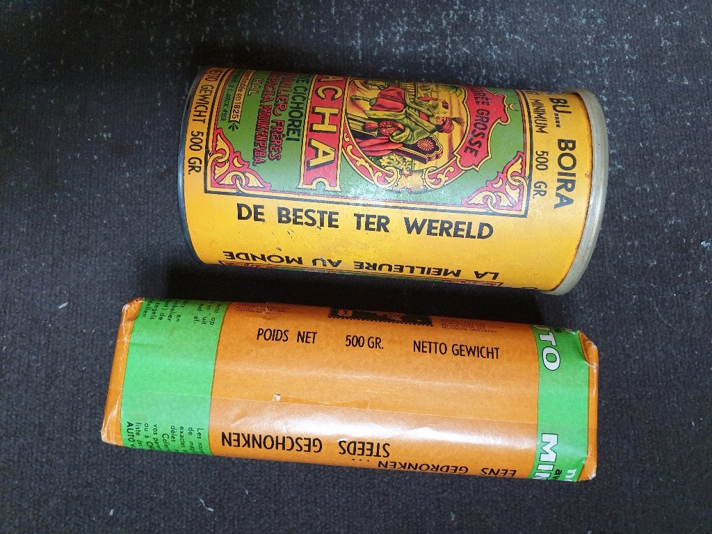 Oud blik pacha cichorei met nog een verpakking van 500 gr., Verzamelen, Ophalen of Verzenden, Gebruikt, Koffie, Overige merken