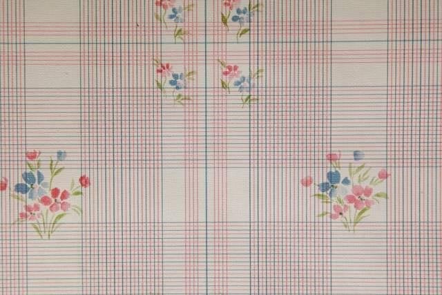 12479 Vintage ruitjesbehang met bloemen rood blauw swiet, Ophalen of Verzenden, Groen