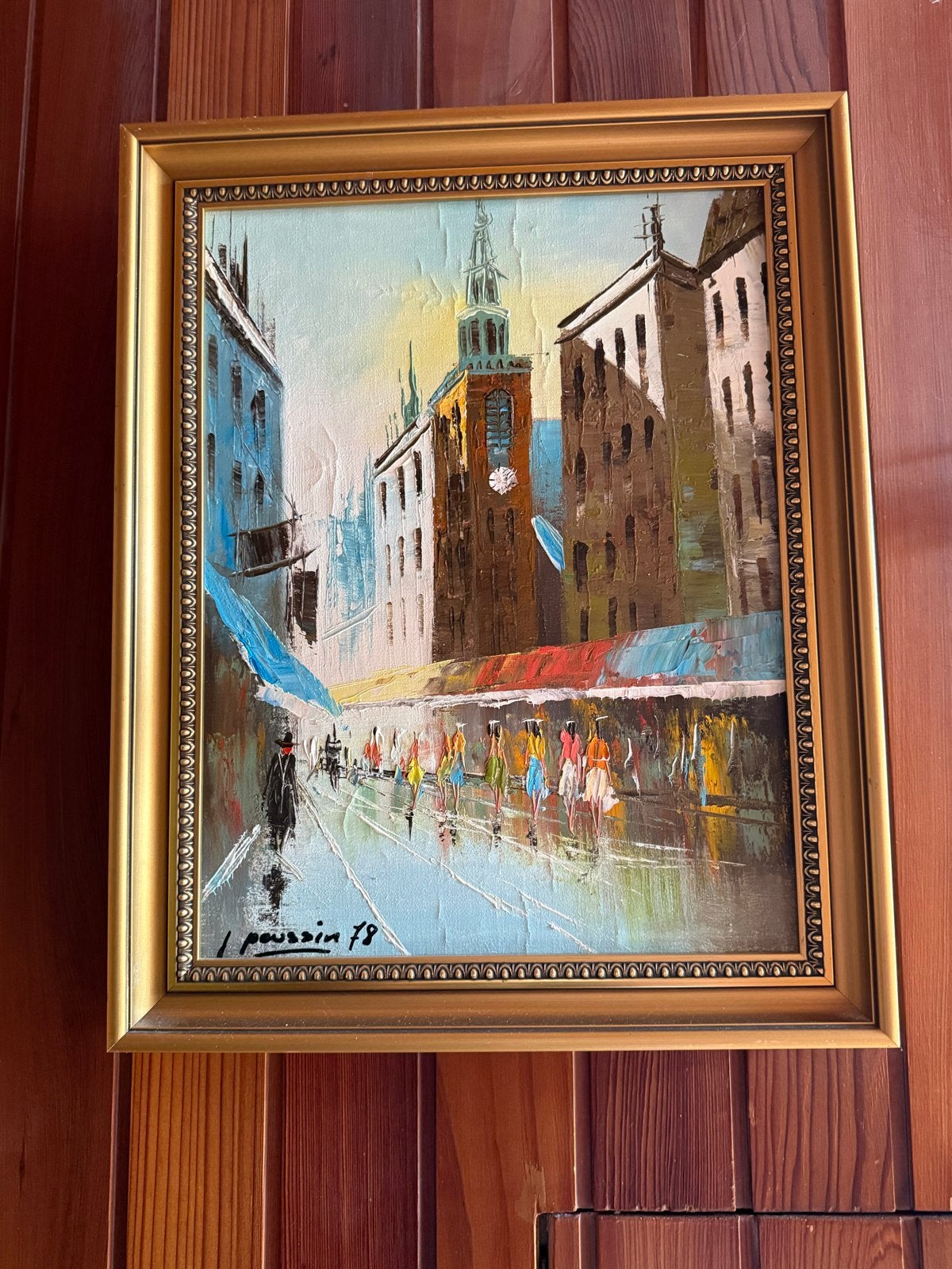 Olieverfschilderij 'Stadsgezicht' gesigneerd I. Poussin '78, Antiek en Kunst, Ophalen