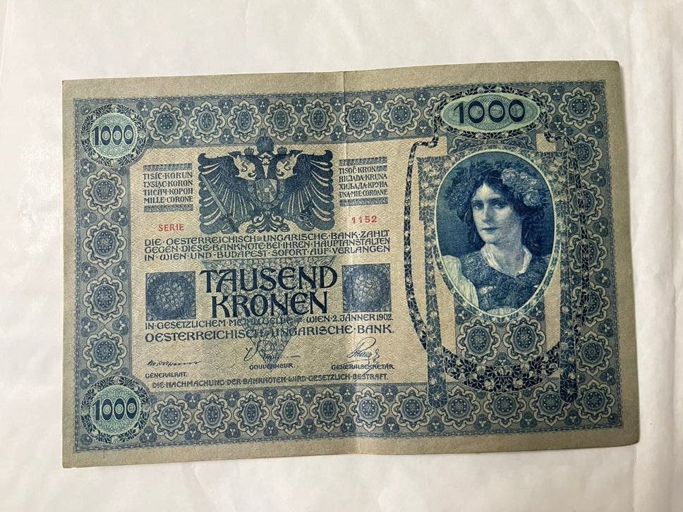 Oostenrijk-Hongaarse 1000 Kronen bankbiljet (1902), Postzegels en Munten, Ophalen of Verzenden, Oostenrijk, 100 euro, Los biljet