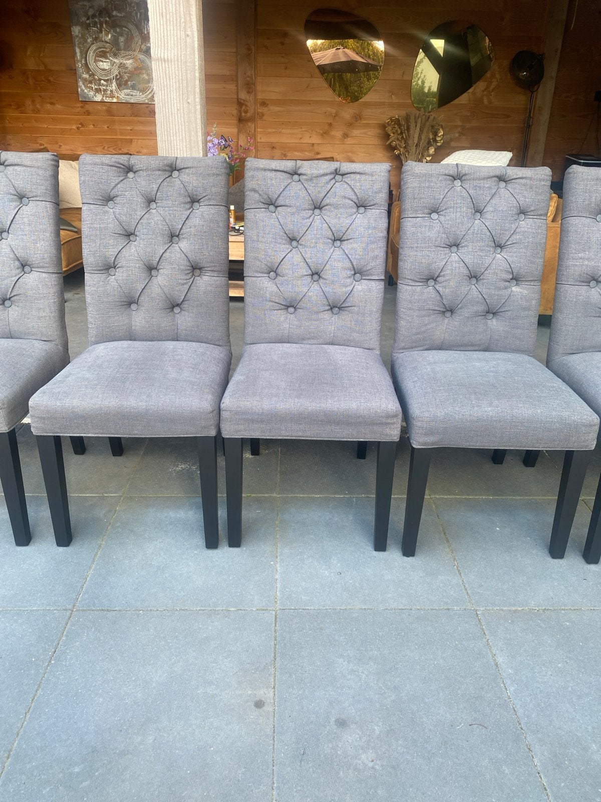 6 donkergrijze stijlvolle eetkamerstoelen stoffen bekleding, Huis en Inrichting, Stoelen, Ophalen, Zo goed als nieuw, Eén, Stof