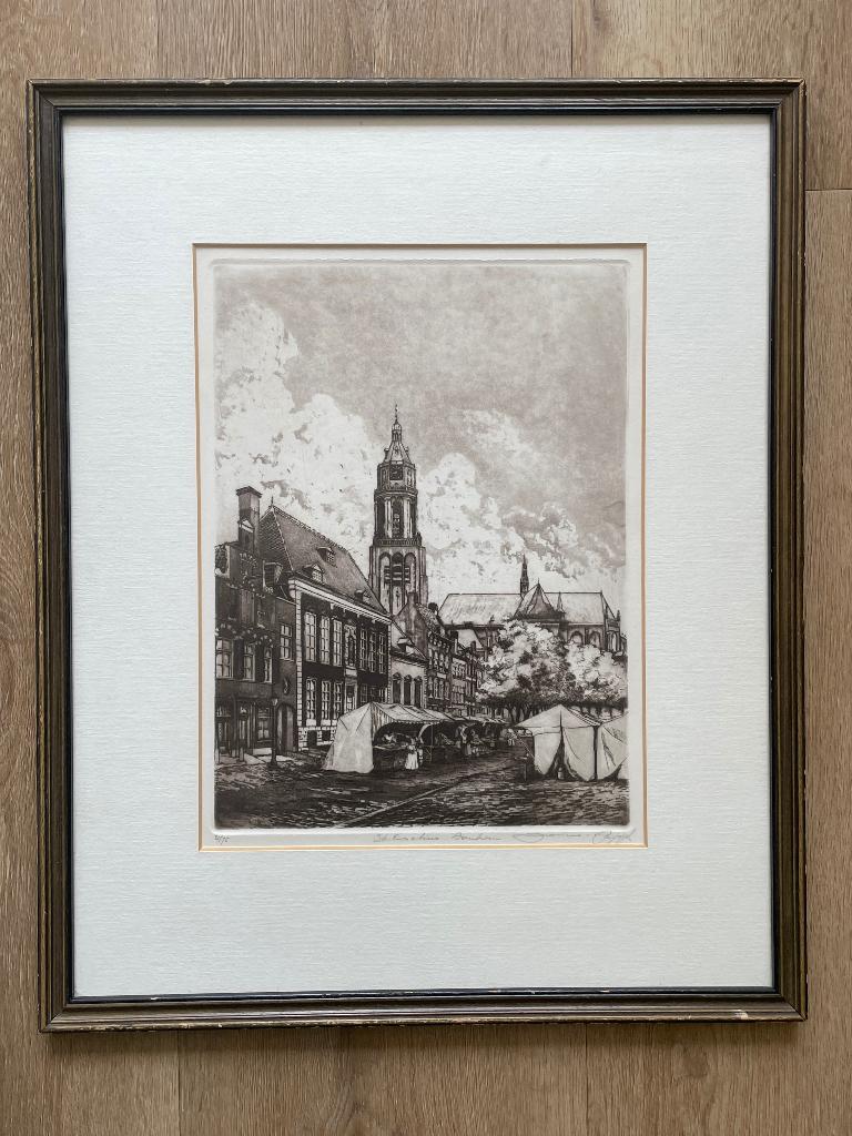 Ets Arnhem oude markt Jan van Rijswijk, Ingelijst, Stadsgezicht, Ophalen of Verzenden, 54 cm