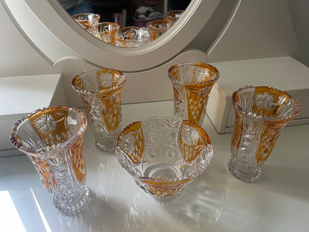 Boheemse Amber Geslepen Kristallen Console Set || Nu €149.99, Antiek en Kunst, Antiek | Glas en Kristal, Ophalen