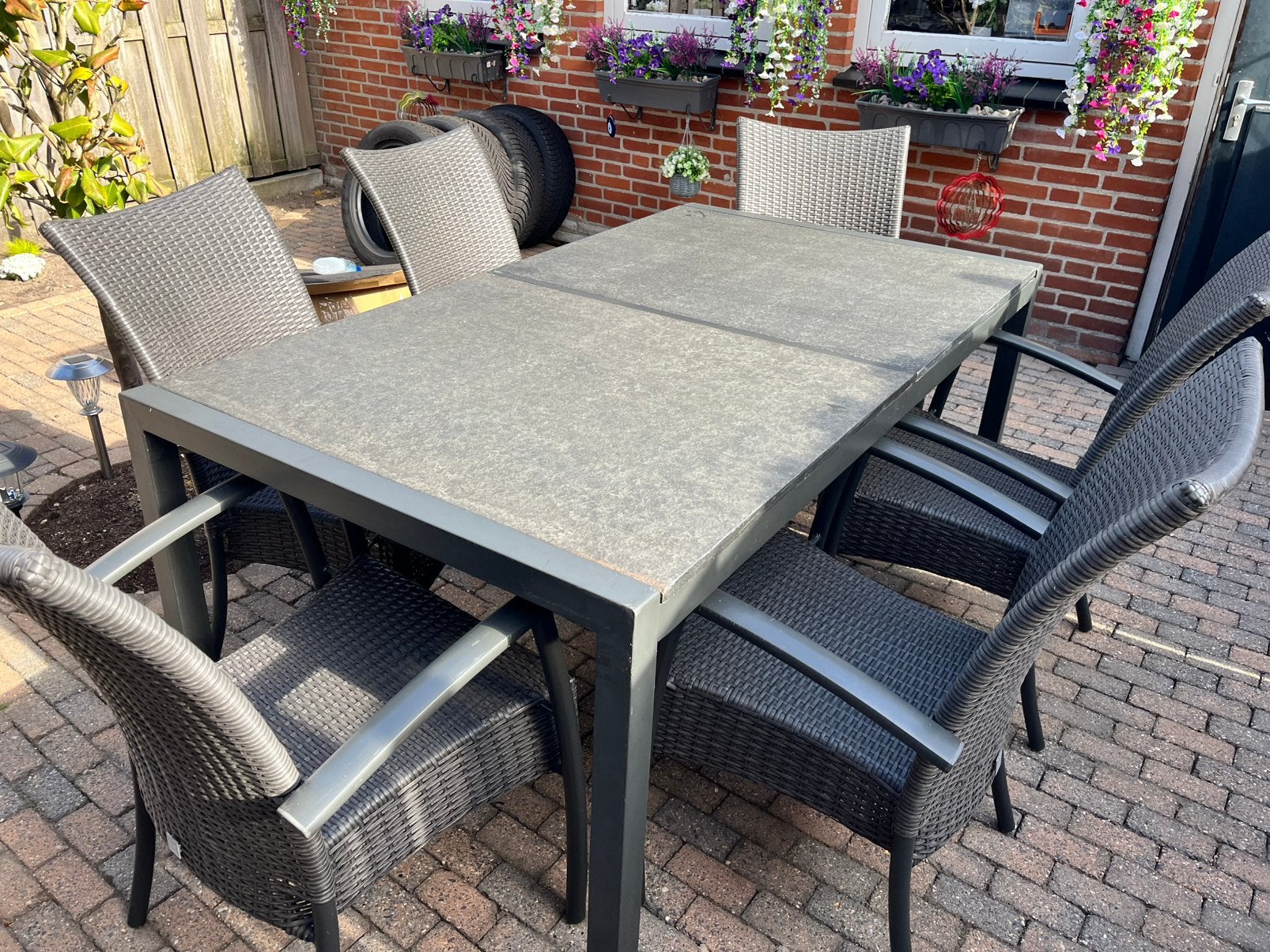 Aluminium tuintafel met marmeren blad en 6, Tuin en Terras, Ophalen, Gebruikt, 6 zitplaatsen, Aluminium