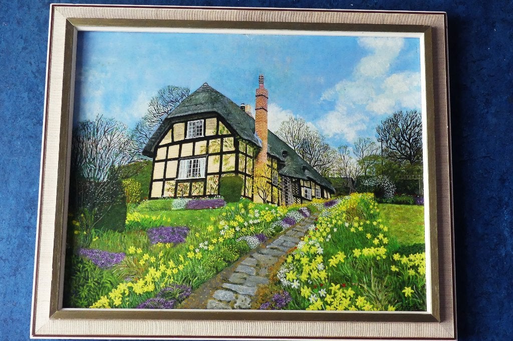 schilderij, engels landhuis, Bloemen, Realistisch, Ophalen of Verzenden, Paneel