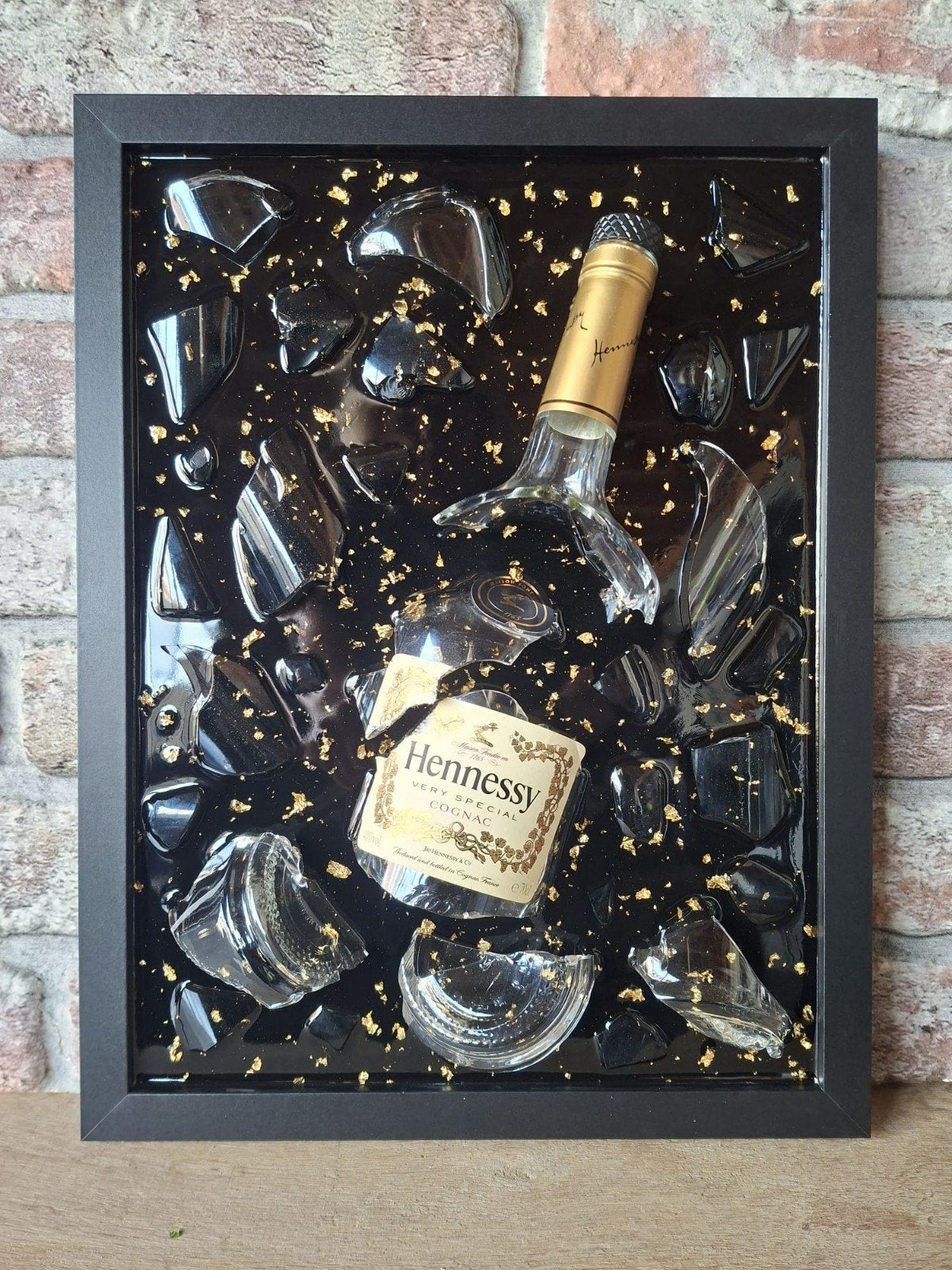 Hennessy fles verwerkt in een lijst 43x33 met Epoxy, Ophalen of Verzenden