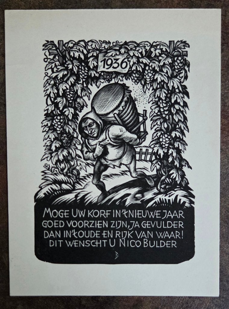 Exlibris / gel. Grafiek Nico Bulder, 1935, “Moge uw korf…”, Antiek en Kunst, Verzenden