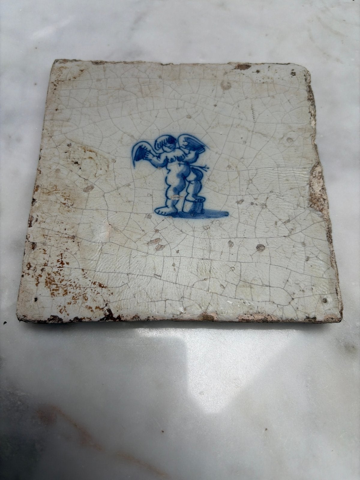 Antieke Delfts Blauwe Tegel met Engeltje, Ophalen of Verzenden