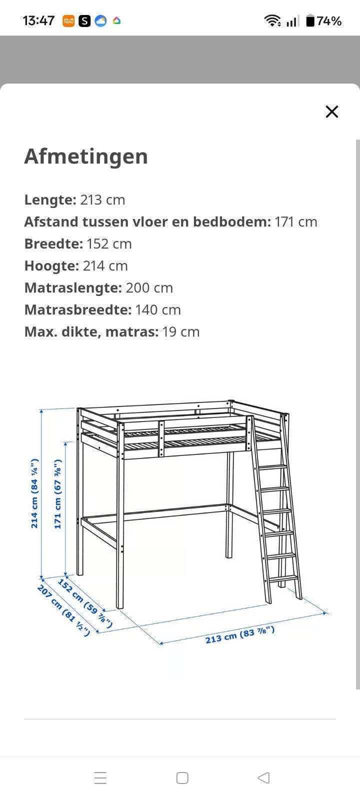 Hoogslaper ikea zwart, Huis en Inrichting, Slaapkamer | Stapelbedden en Hoogslapers, Hoogslaper, 140 cm, 200 cm, Twijfelaar, Ophalen of Verzenden