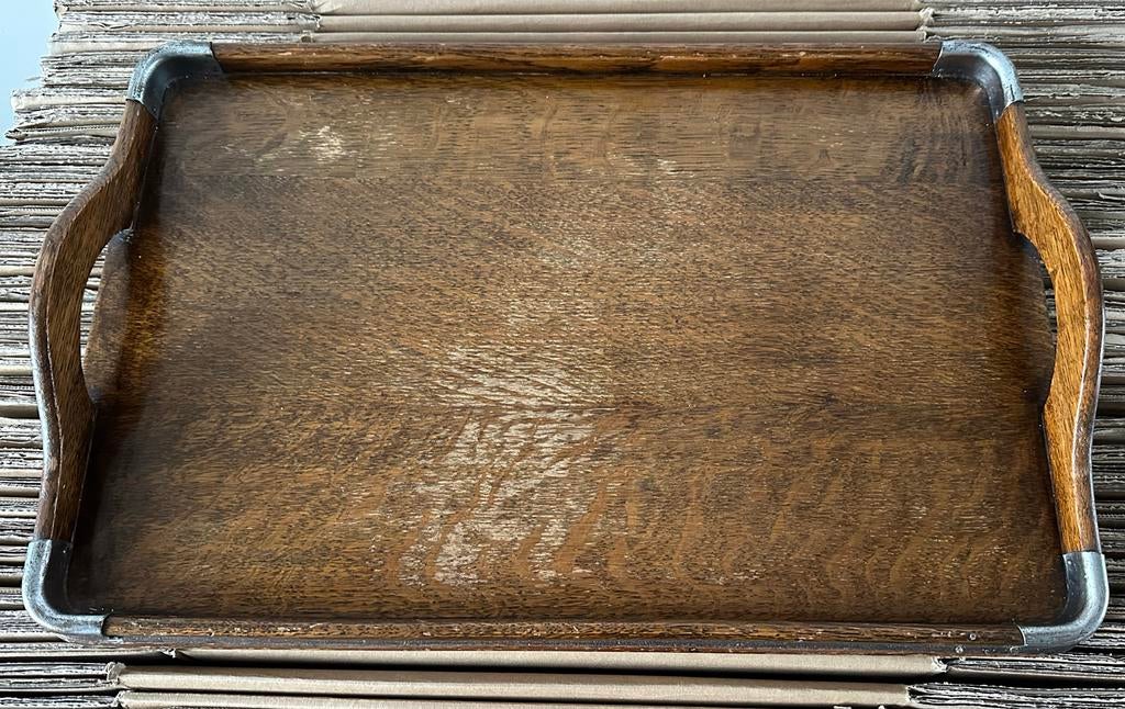 Antiek eiken dienblad met metalen beslag, Ophalen of Verzenden, Gebruikt, Rechthoekig, Hout