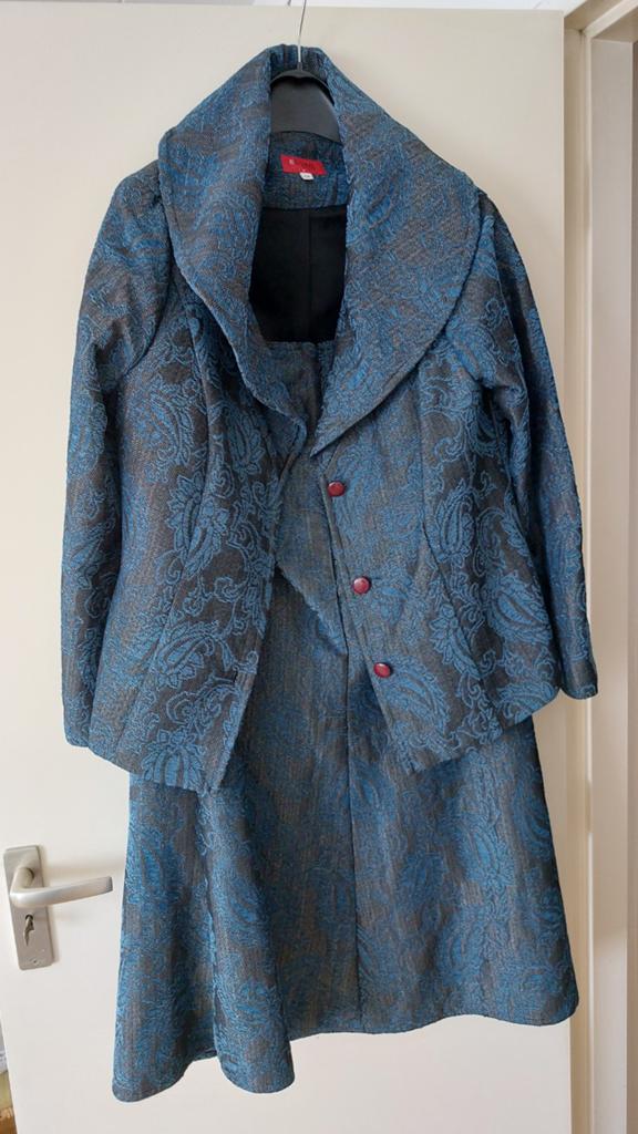 Blauwe combinatie jasje en lange rok, maat 42, Edgar Vos, Ophalen of Verzenden, Zo goed als nieuw, Maat 42/44 (L), Blauw