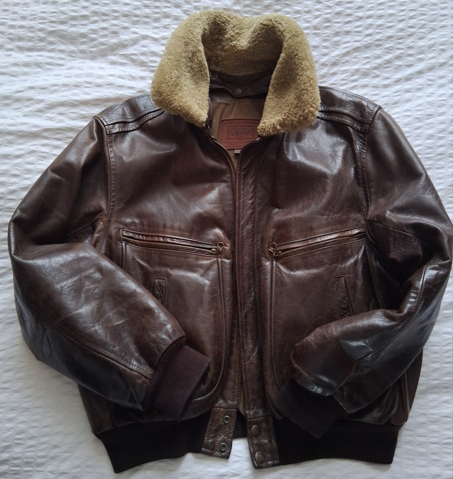 Redskins Leren Bomberjack met Afneembare Kraag - Maat XXL, Ophalen, Bruin, Maat 56/58 (XL), Gedragen