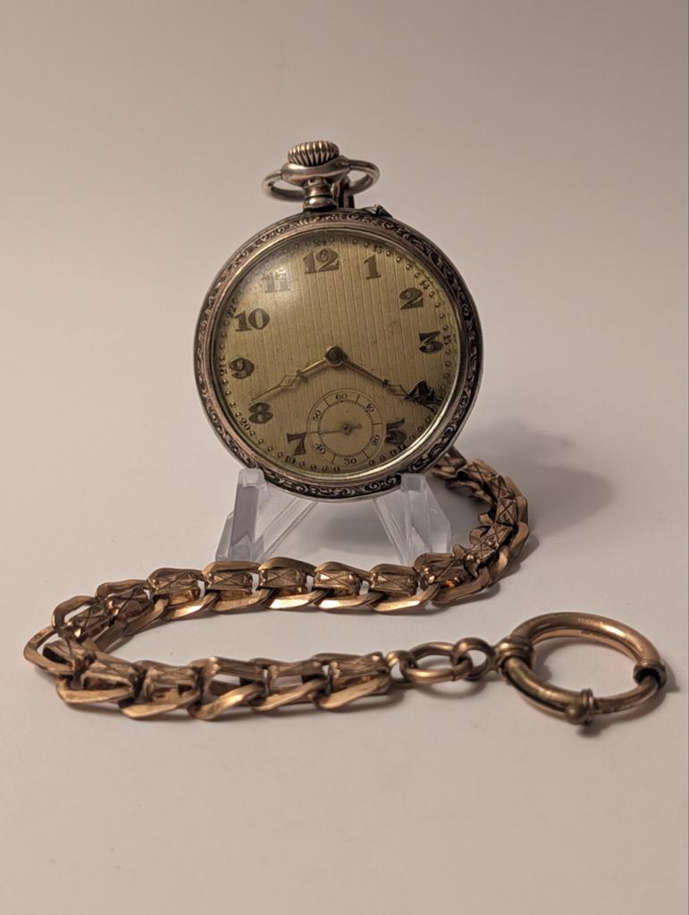 Antiek zilveren Zakhorloge met Ketting, Sieraden, Tassen en Uiterlijk, Horloges | Antiek, Overige merken, Zakhorloge, 1900 tot 1930