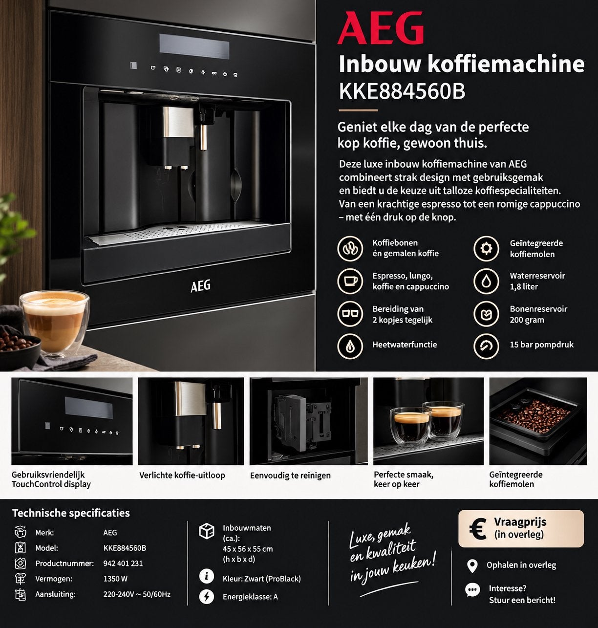 AEG Inbouw Koffiemachine KKE884500B -  zeer goede staat, Ophalen, Afneembaar waterreservoir, Gebruikt, Koffiemachine
