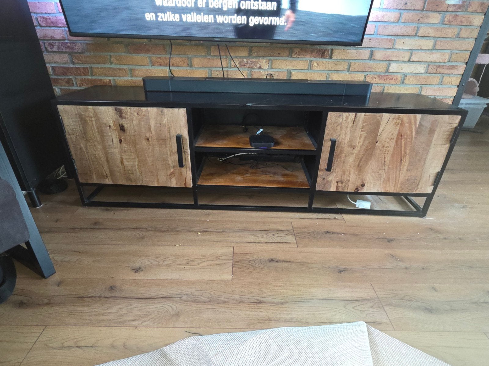 TV-kast Mangohout met Zwart Metaal - Industrieel Design, Gebruikt, 150 tot 200 cm, Minder dan 100 cm, Industrieel