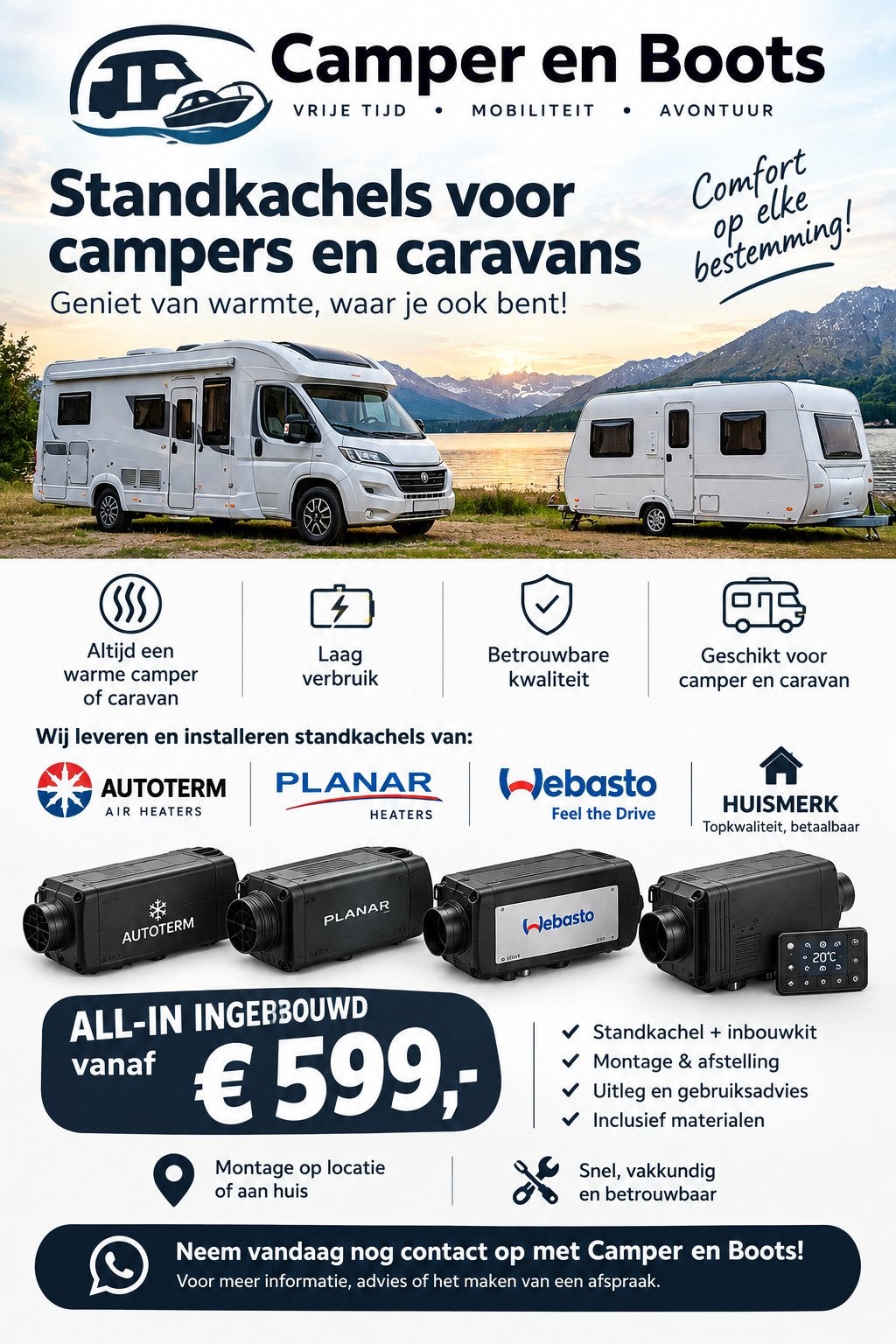 Standkachel camper/caravan incl. inbouw vanaf € 599, Heater, Nieuw, Ophalen of Verzenden, Stamdkachel