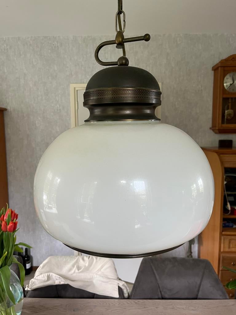 Hanglamp, eettafel messing/ glas, Ophalen, 50 tot 75 cm, Glas, Zeg het maar ...