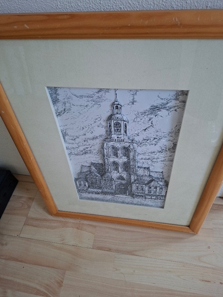 Peperbus pentekening Bergen op Zoom, Ophalen, Zo goed als nieuw, Minder dan 50 cm, Schilderij