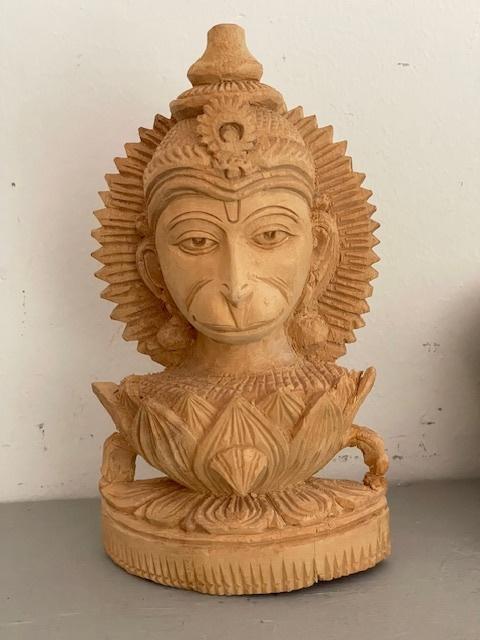 Houten beeld God Hanuman. Hindoeisme houtsnijwerk India, Ophalen, Minder dan 20 cm, Buste, Handgemaakt