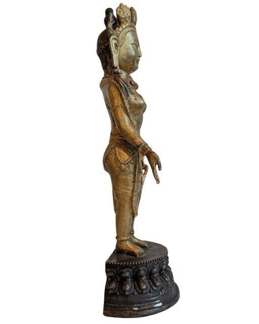 Antieke staande Avalokiteshvara – Tibet – 102, Gebruikt, 25 cm, Ophalen of Verzenden, Goud