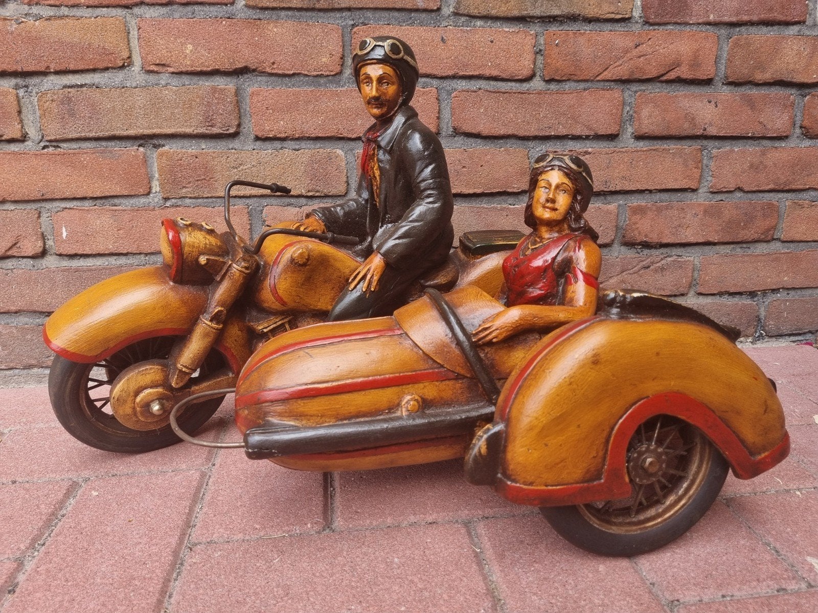 Mooie Zware Houten sculptuur motor met zijspan, Ophalen, Handgemaakt, 50 - 100 cm, Scène