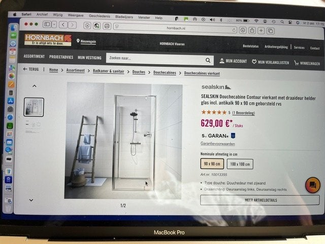 Douchehoek 90x90 wit Sealskin  Draaideur, Ophalen, Nieuw, Douche