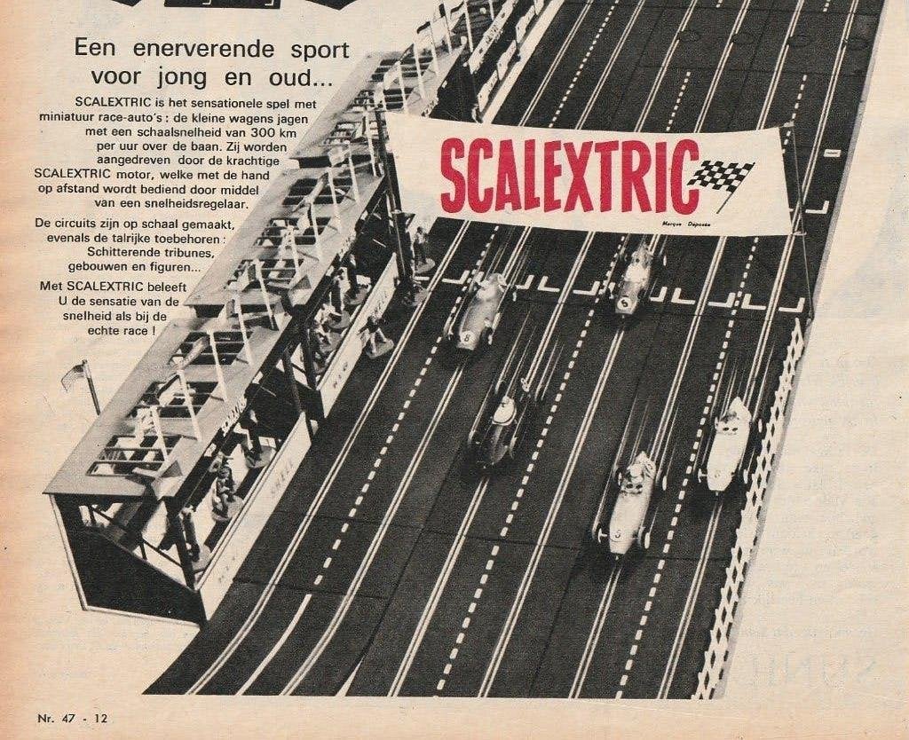 Retro reclame 1962 Scalextric tri-ang speelgoed racebaan, Verzenden, Overige typen