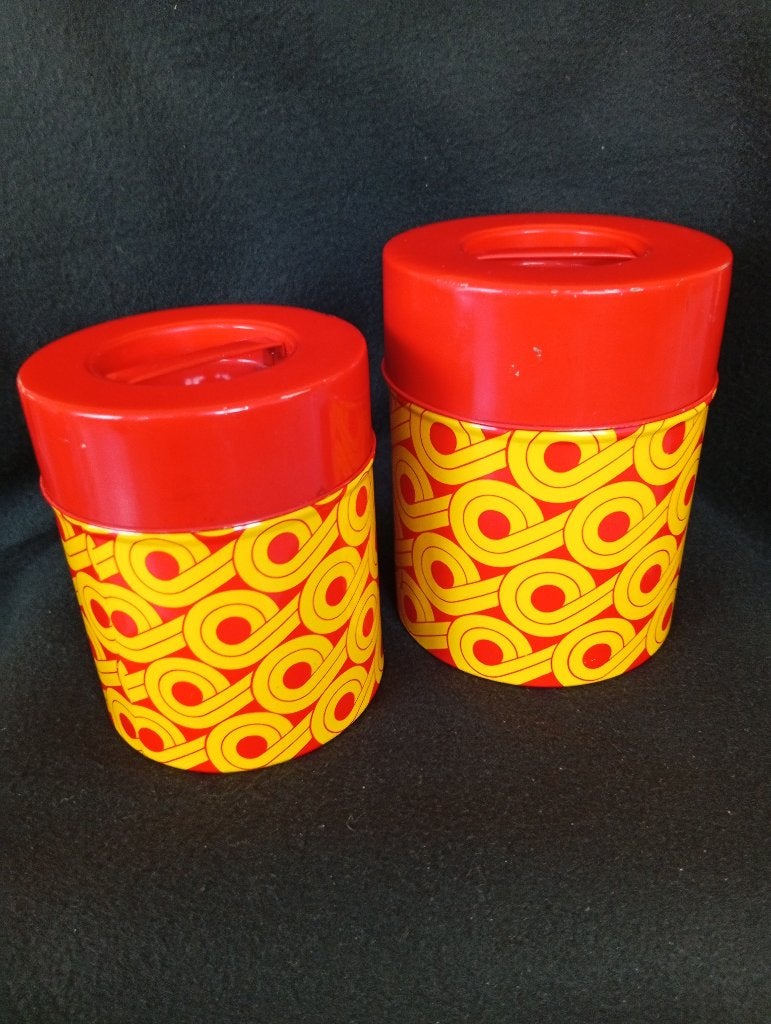 vintage voorraadblikken met deksel jaren 70 roodgeel 2 stuks, Ophalen of Verzenden, Gebruikt, Overige