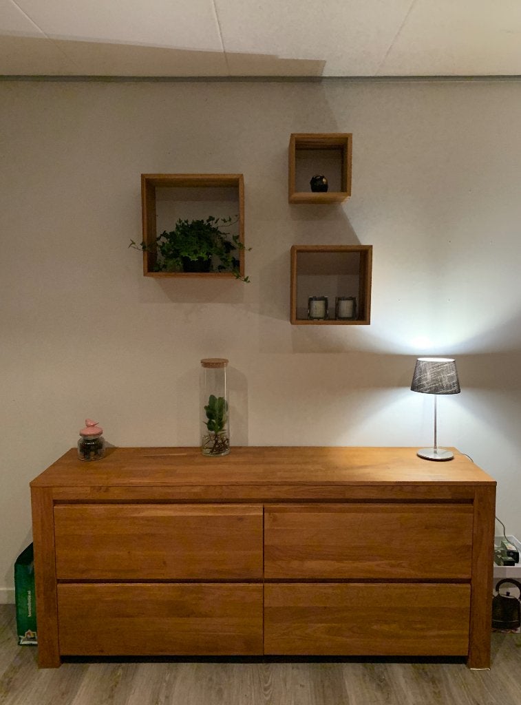 WOOOD set: tv meubel, salontafel, dressoir en vakkenkasten, Huis en Inrichting, Ophalen, Gebruikt, 25 tot 50 cm, Met lade(s)
