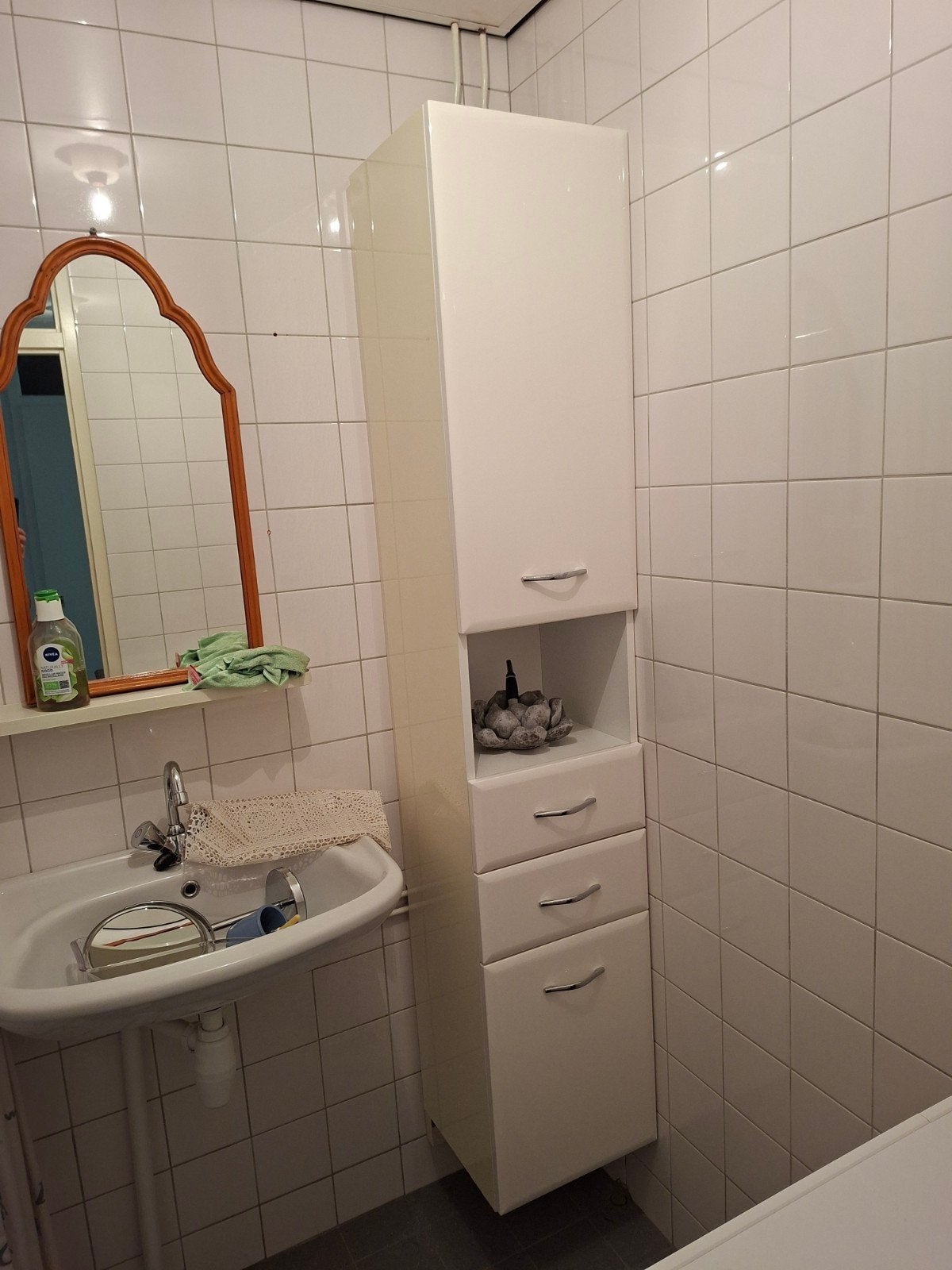 Witte badkamerkast met lades en open vak, Ophalen, (Half)hoge kast, Minder dan 50 cm, Gebruikt