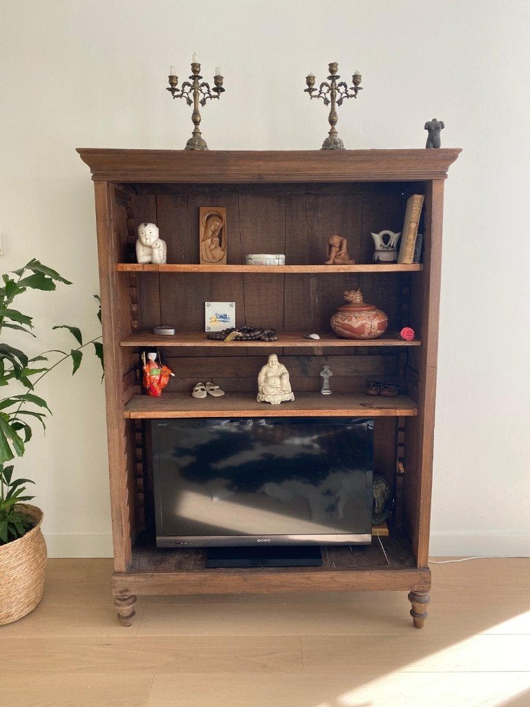 Antieke houten kast voor o.a. boeken en tv, Antiek en Kunst, Ophalen