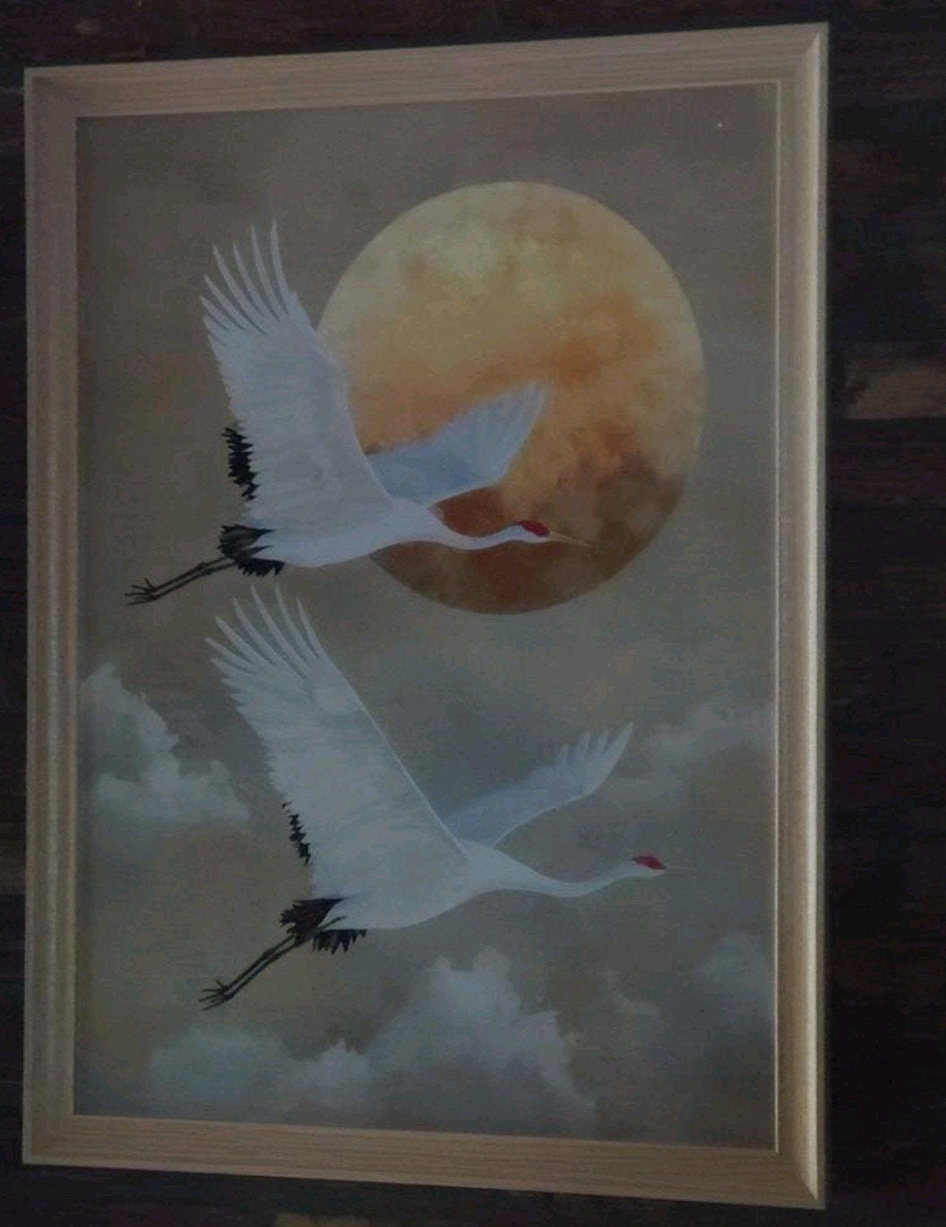 Muurposter Kraanvogels in houten lijst 55,5B x 75,5H, NIEUW!, Verzamelen, Posters, Rechthoekig Staand, Met lijst, Nieuw, Ophalen of Verzenden