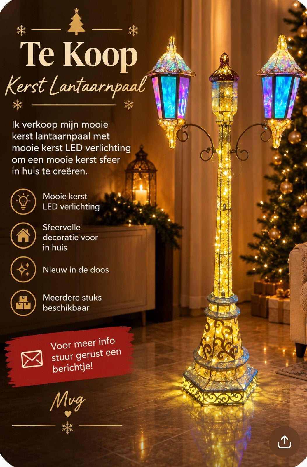 Mooie kerst lantaarnpaal met verlichting voor buiten/binnen, Ophalen, Zo goed als nieuw, Netvoeding, Minder dan 50 watt