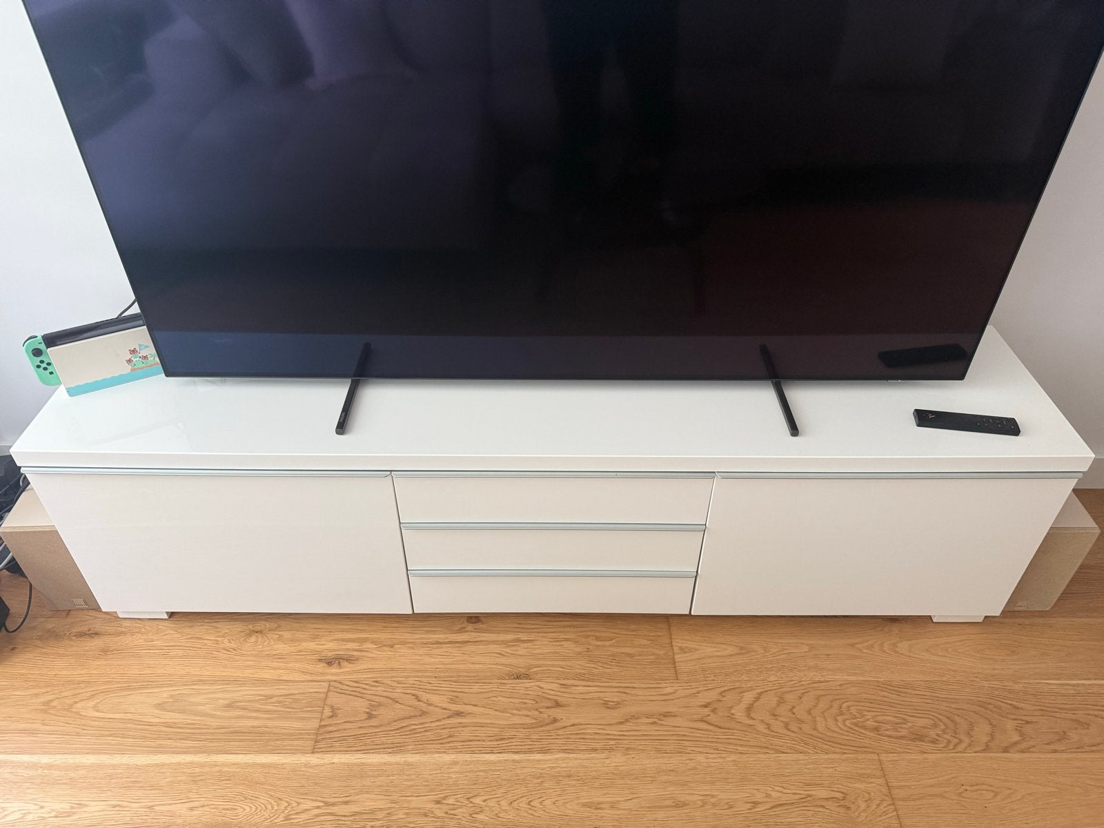 Wit hoogglans tv-meubel met lades en kasten 180B 40D 48H, Ophalen, Gebruikt, 150 tot 200 cm, Minder dan 100 cm