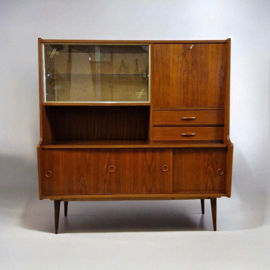 vintage dressoir highboard vitrine buffet kast bar jaren 50, Gebruikt, 100 tot 150 cm, 100 tot 150 cm, Teakhout