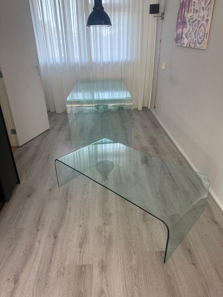DESIGN SET Glazen Eettafel + Salontafel | Gebogen Glas, Ophalen, Gebruikt, 50 tot 100 cm, Glas