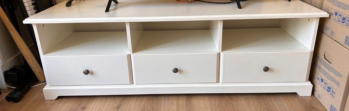 Witte TV-meubel met 3 lades en open vakken, Ophalen, Gebruikt, 100 tot 150 cm, Minder dan 100 cm