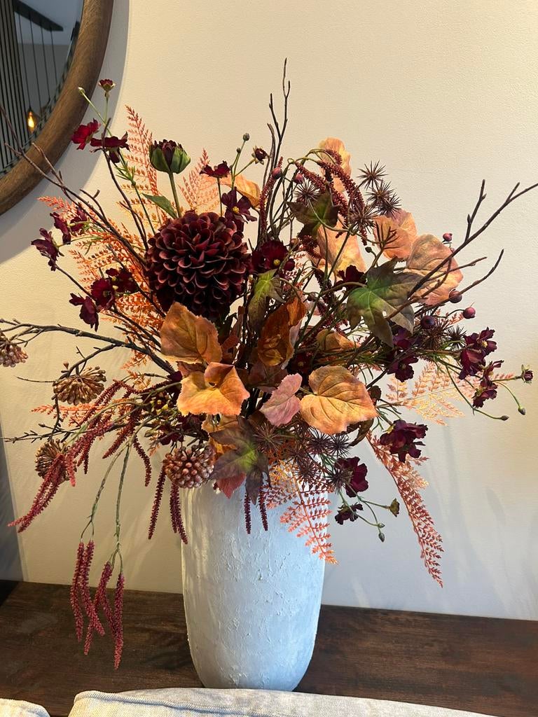 Silk Ka kunstbloemen boeket inclusief beige hoge vaas, Ophalen of Verzenden, Zo goed als nieuw